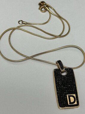 Milor Bronze Italy Necklace Letter D Initial Tag Pendant Black Crystals 20"
